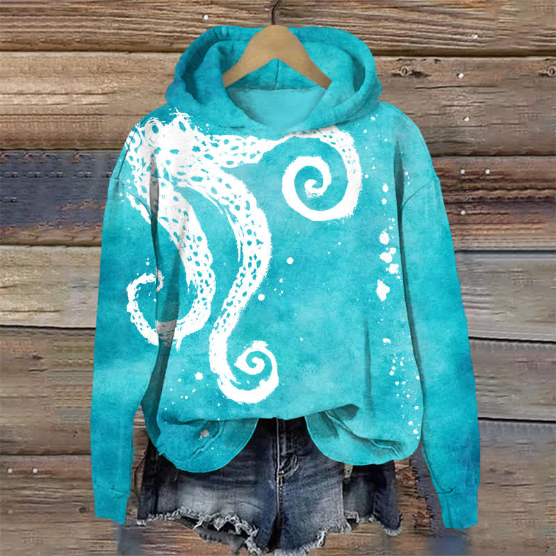 Streetwear Ocean Ink Print Curved Hem Long Sleeved Hoodie - Lake Blue - US32-34(5XL) - image 1
