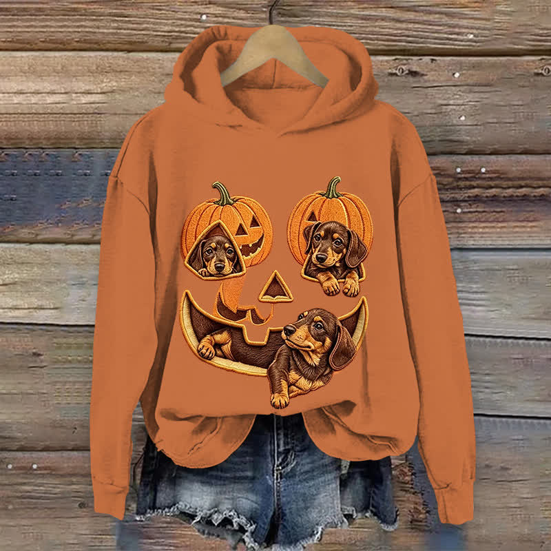 Casual Halloween Dachshund Pumpkin Graphic Print Long Sleeved Hoodie - Orange - US32-34(5XL) - image 1
