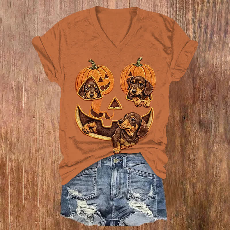 Casual Halloween Dachshund Pumpkin Print Short Sleeved V-Neck T-Shirt - Orange - US32-34(5XL) - image 1