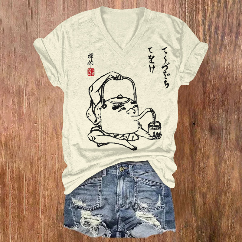 Creative Japanese Tetsubin Print Short Sleeved V-neck T-shirt - Beige - US32-34(5XL) - image 1