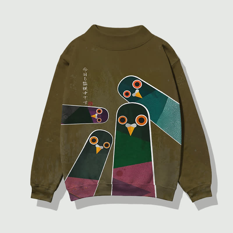 Japanese Retro Surveillance Bird Pattern Print Mock Neck Sweatshirt - Green - 4XL - image 2