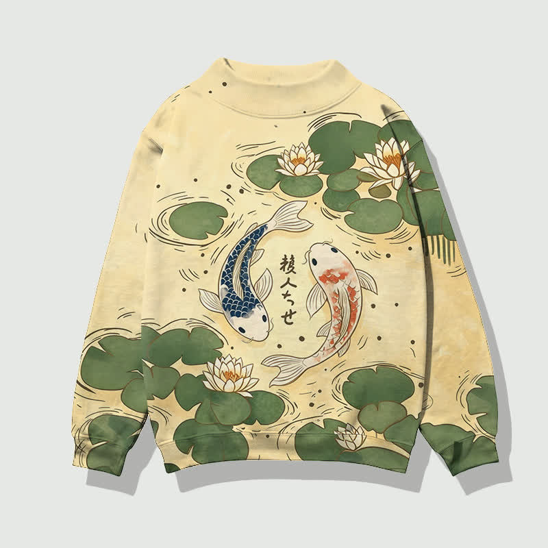 Japanese Koi In The Lotus Pond Pattern Print Mock Neck Sweatshirt - Apricot - 4XL - image 2