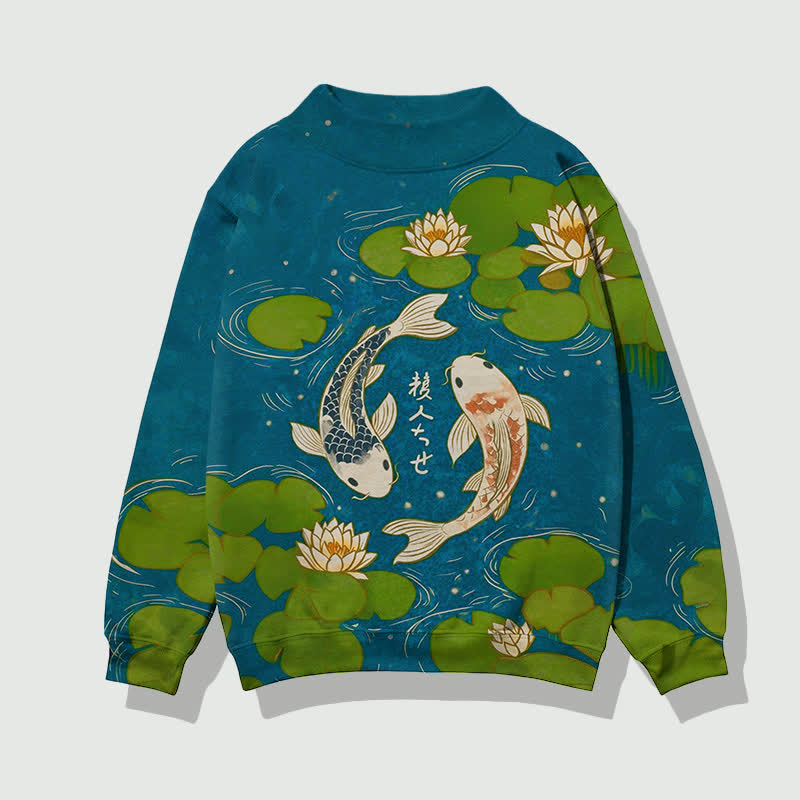 Japanese Koi In The Lotus Pond Pattern Print Mock Neck Sweatshirt - Lake Blue - 4XL - image 1