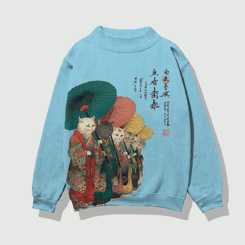 Japanese Retro Kimono Cats Pattern Print Mock Neck Sweatshirt - Light Blue - 4XL - image 2