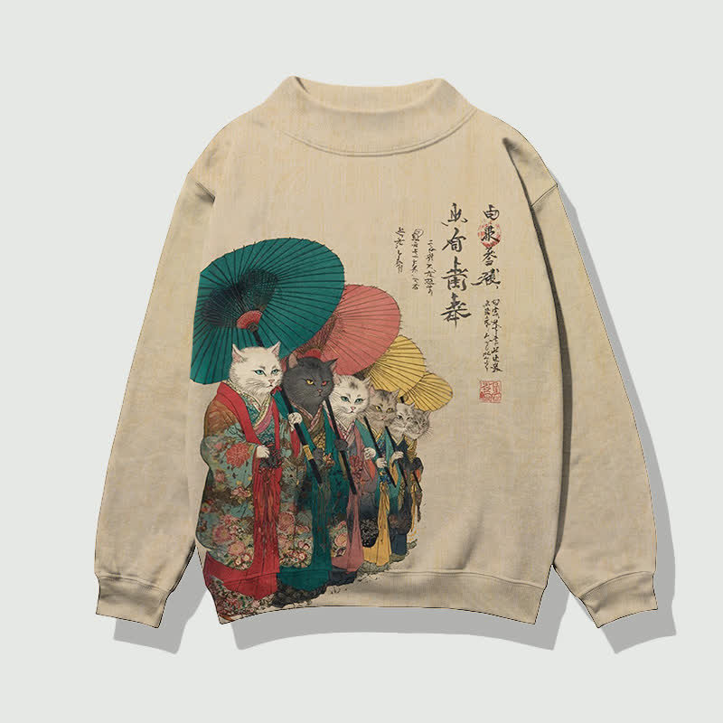 Japanese Retro Kimono Cats Pattern Print Mock Neck Sweatshirt - Apricot - 4XL - image 1