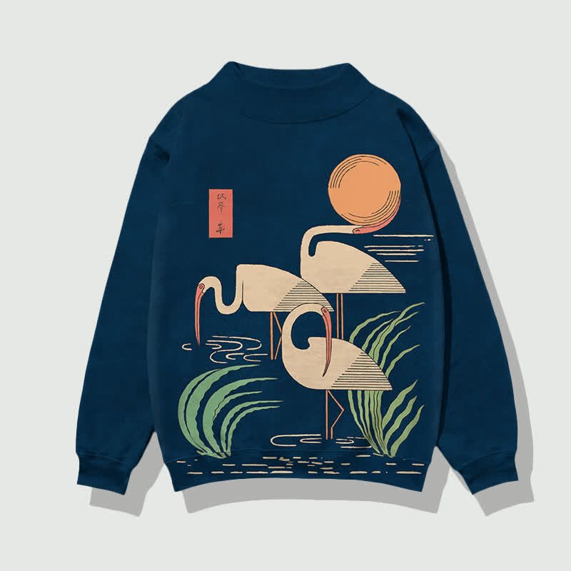 Japanese Minimalist Three Cranes Pattern Print Mock Neck Sweatshirt - Royal Blue - 4XL - image 2