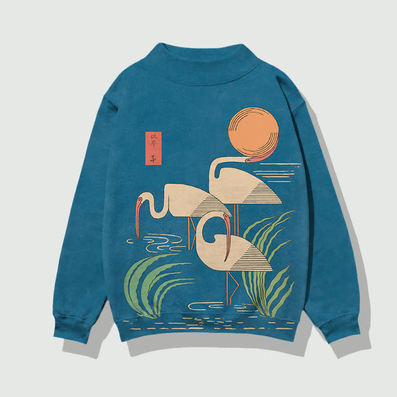 Japanese Minimalist Three Cranes Pattern Print Mock Neck Sweatshirt - Lake Blue - 4XL - image 1