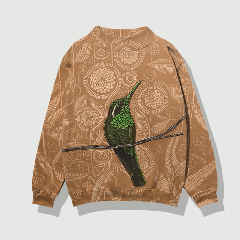 Vintage Geometric Flowers And Birds Pattern Print Mock Neck Sweatshirt - Brown - 4XL - image 2