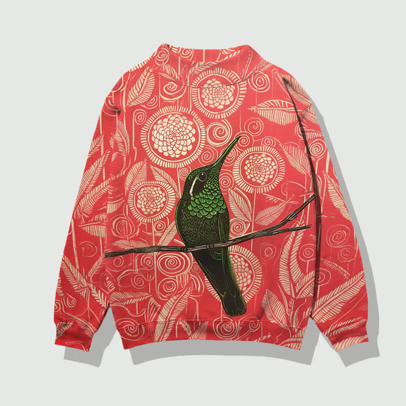Vintage Geometric Flowers And Birds Pattern Print Mock Neck Sweatshirt - Red - 4XL - image 1