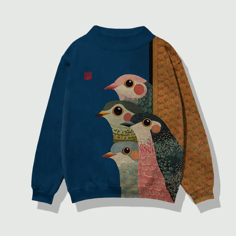 Japanese Retro Rainbow Birds Pattern Print Mock Neck Sweatshirt - Blue - 4XL - image 3