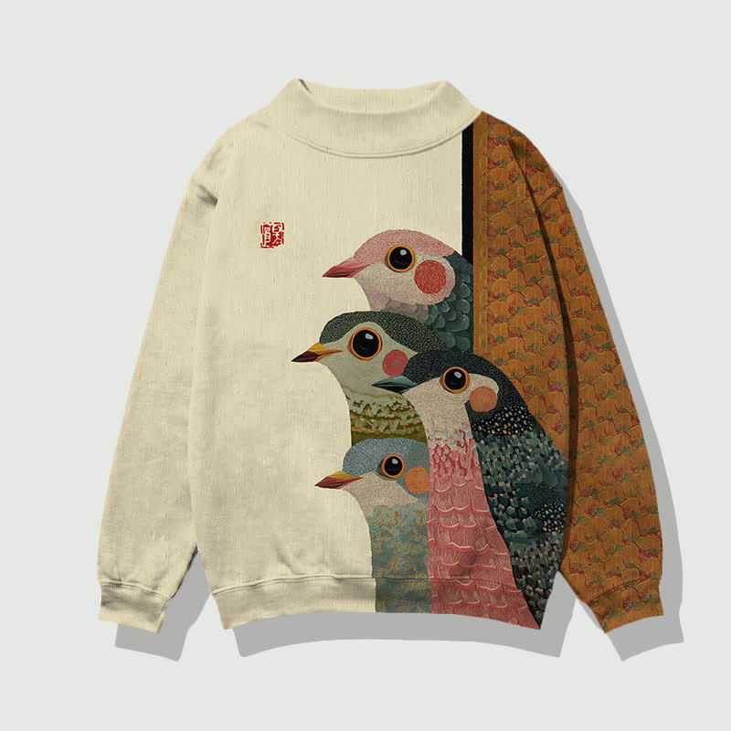 Japanese Retro Rainbow Birds Pattern Print Mock Neck Sweatshirt - Apricot - 4XL - image 2