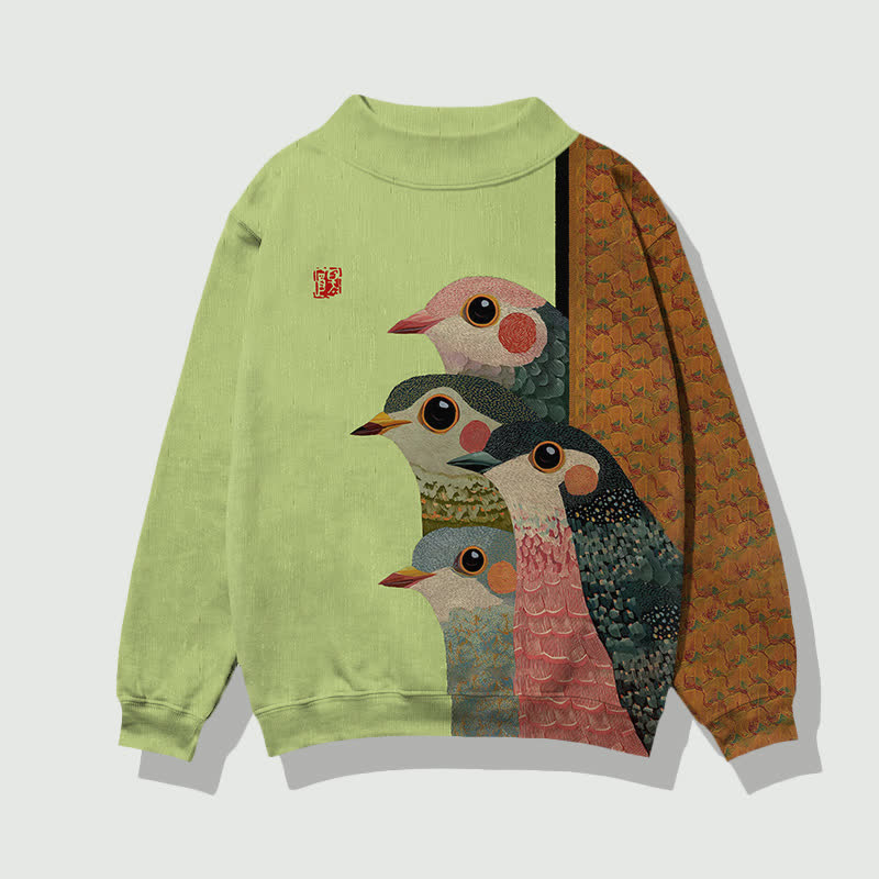 Japanese Retro Rainbow Birds Pattern Print Mock Neck Sweatshirt - Light Green - 4XL - image 5