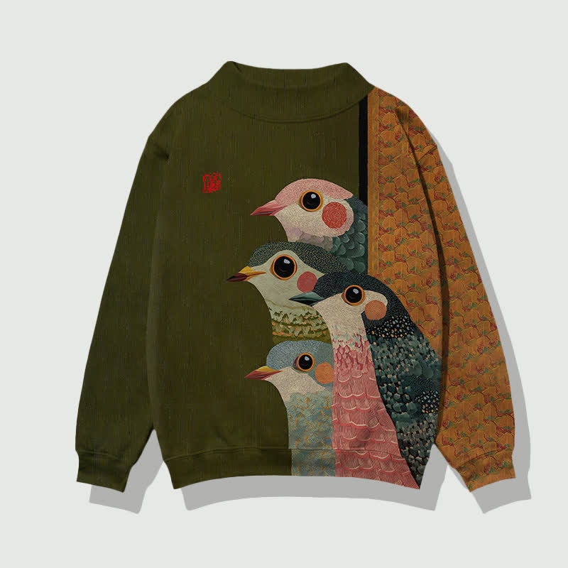 Japanese Retro Rainbow Birds Pattern Print Mock Neck Sweatshirt - Green - 4XL - image 1