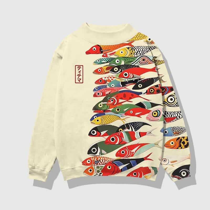 Japanese Vintage Colorful Fishes Pattern Print Mock Neck Sweatshirt - Apricot - 4XL - image 1
