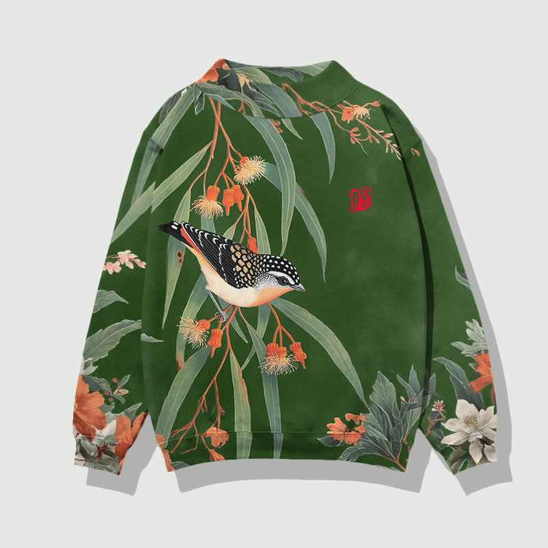 Japanese Vintage Little Bird Pattern Print Mock Neck Sweatshirt - Green - 4XL - image 2