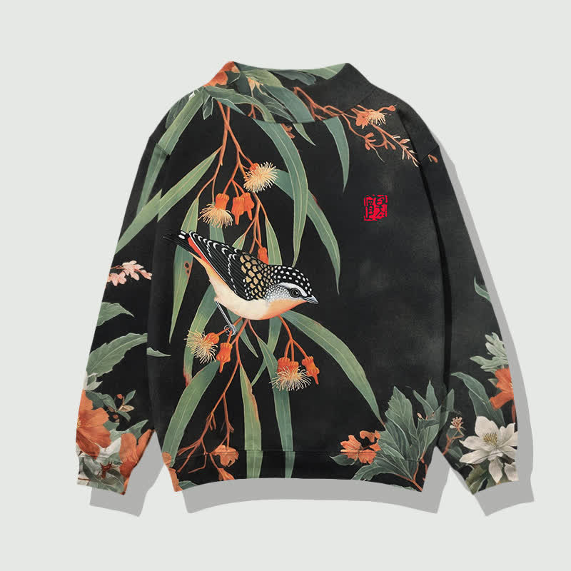Japanese Vintage Little Bird Pattern Print Mock Neck Sweatshirt - Black - 4XL - image 1