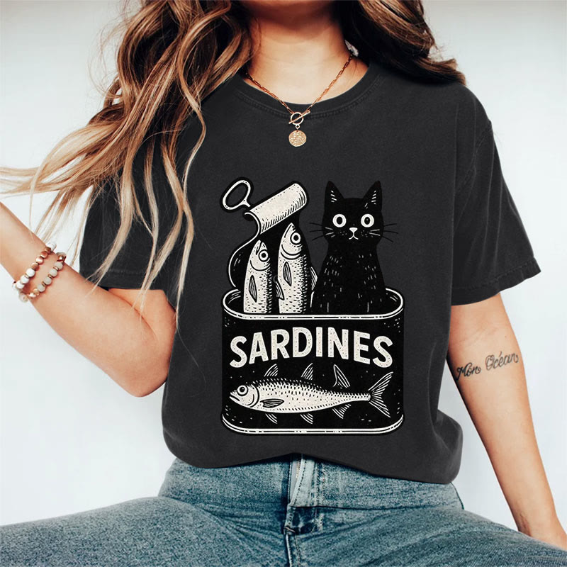 100% Cotton Women's Lovely Canned Sardines & Black Cat Art Print Casual T-shirt - Black - 2XL - image 2