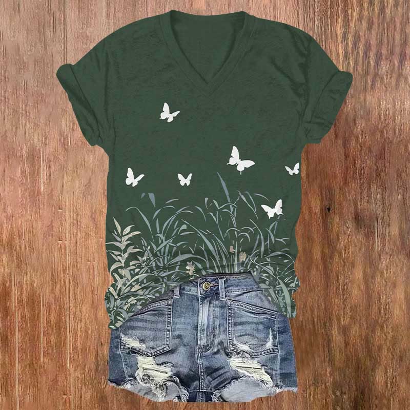 Cute White Butterfly & Flowers Print V-neck T-shirt - Green - US32-34(5XL) - image 2