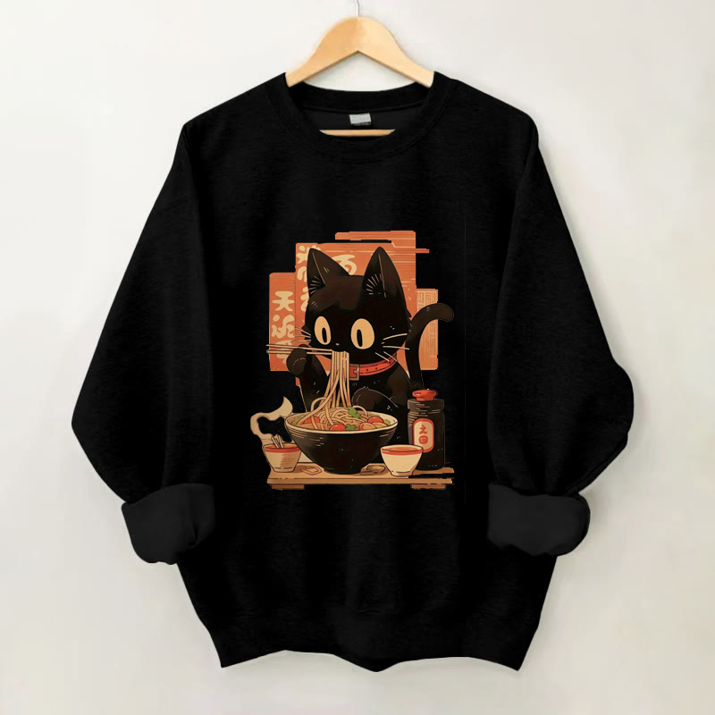 100% Cotton Japanese Ramen Cat Print Crew Neck Sweatshirt - Black - 2XL - image 3