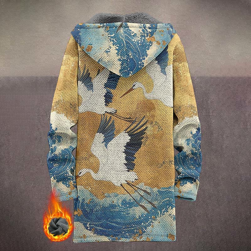 Japanese Retro Crane Flying Across Ocean Wave Print Unisex Plush Thick Long-sleeved Fleece Jacket Coat - image 3