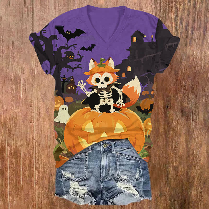 Halloween Bat & Skeleton Fox In A Pumpkin Print V-neck T-shirt - Purple - US32-34(5XL) - image 4
