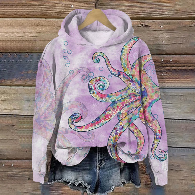 Watercolor Octopus Art Print Long Sleeve Hoodie - Purple - US44-46(8XL) - image 2