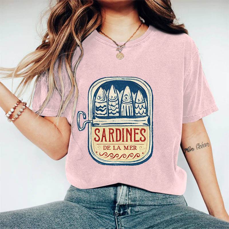 100% Cotton Women's Japanese Canned Sardines Art Print Casual T-shirt - Pink - 2XL - image 7