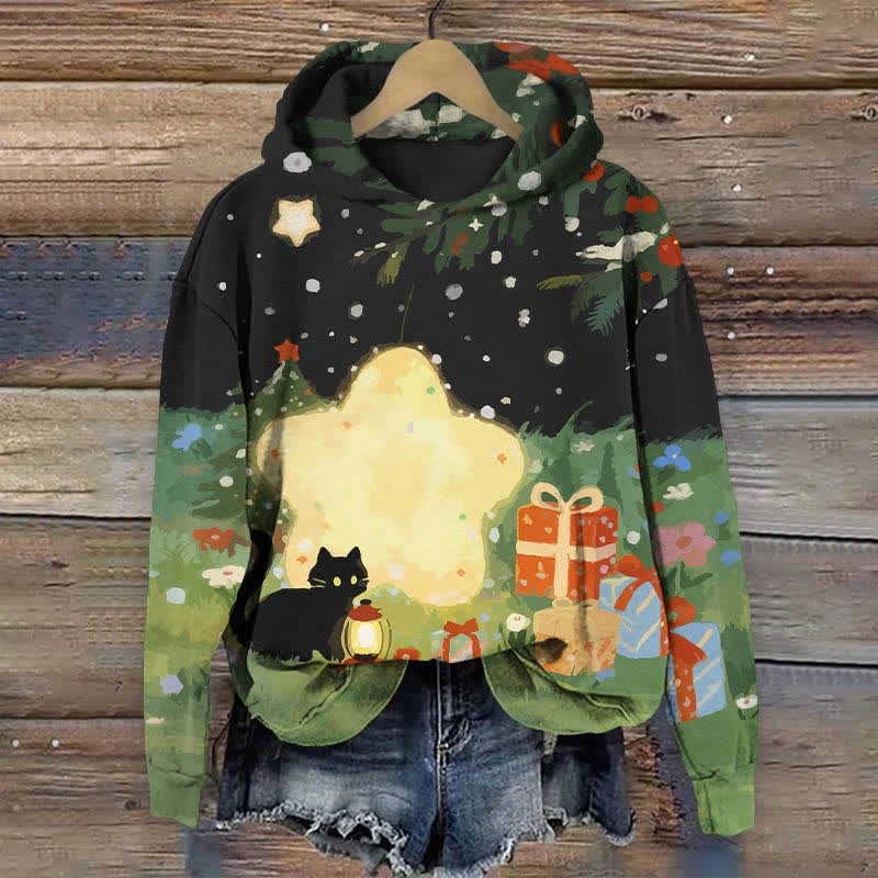Oil Painting Black Cat Starry Christmas Gift Art Print Long Sleeve Hoodie - Black - US44-46(8XL) - image 5