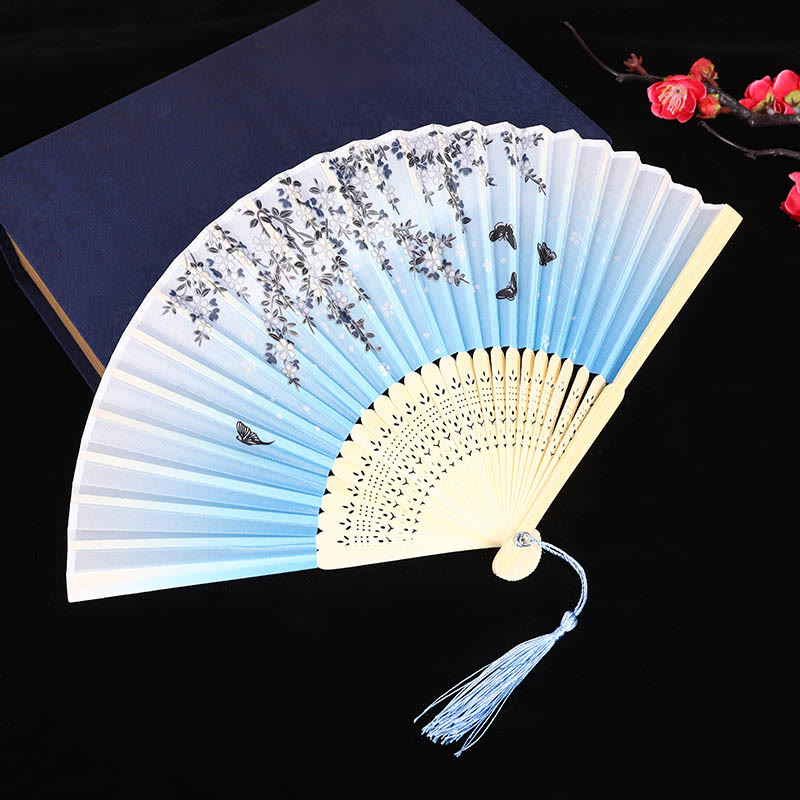 Women Ancient Style Japanese Classic Floral Folding Fan - Sky Blue - image 3