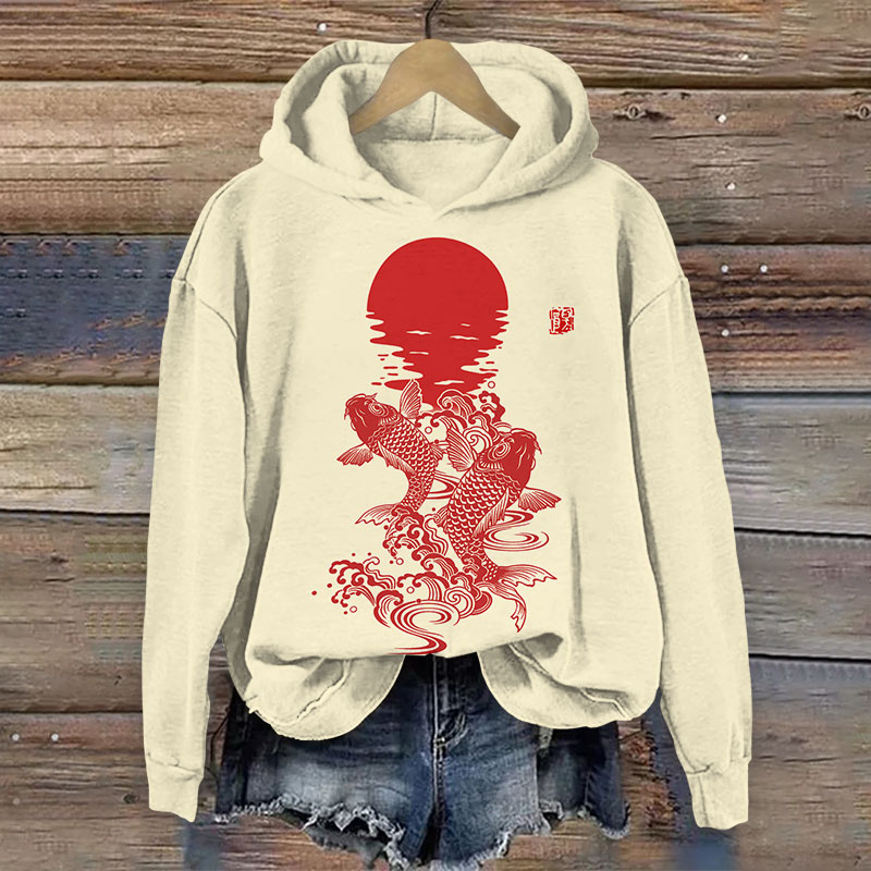 Japanese Creative Koi Carp & Moon Print Long Sleeve Hoodie - Apricot - US44-46(8XL) - image 3