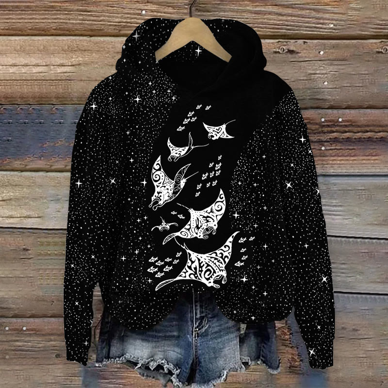 Retro Ethnic Manta Ray Starry Sky Art Print Long Sleeve Hoodie - Black - 8XL - image 2