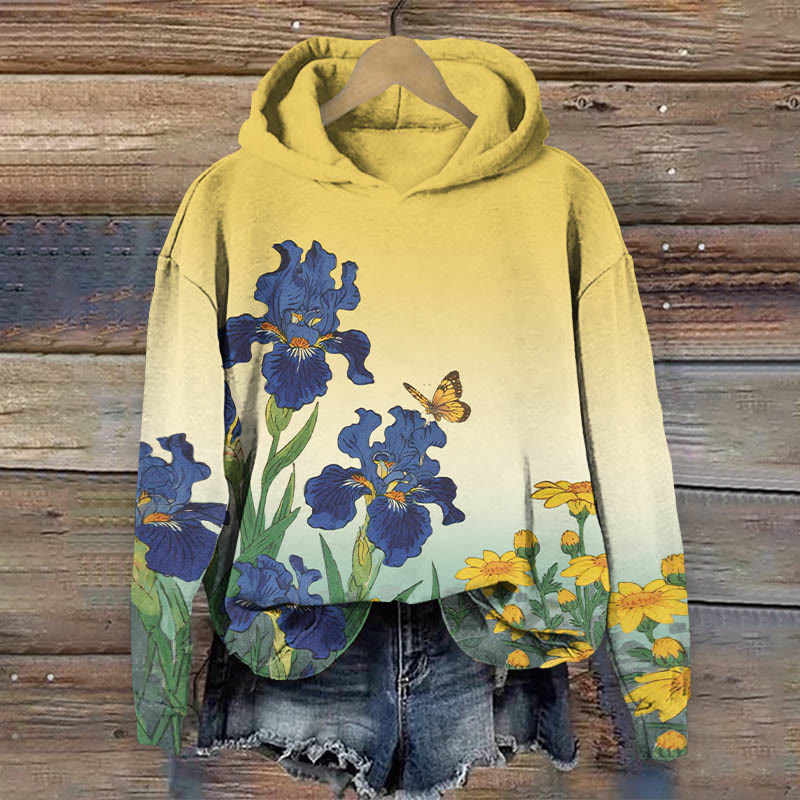 Japanese Watercolor Sunflower Print Long Sleeve Hoodie - Yellow - US44-46(8XL) - image 4