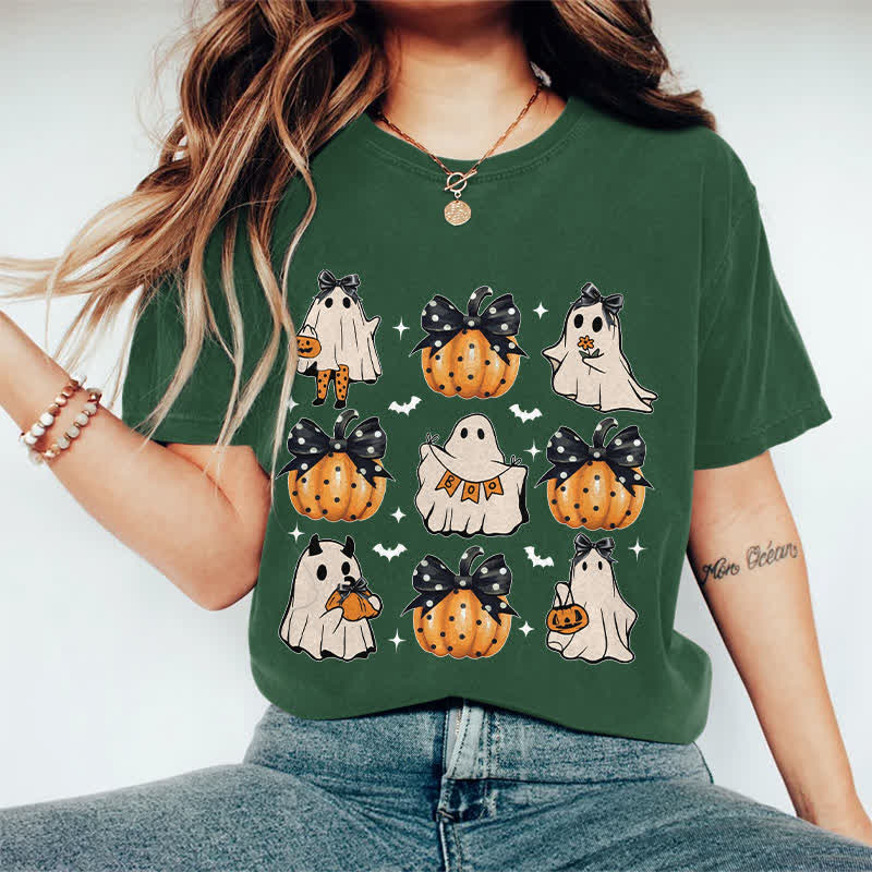 100% Cotton Halloween Girly Ghost & Pumpkin Art Print T-Shirt - Dark Green - 2XL - image 9