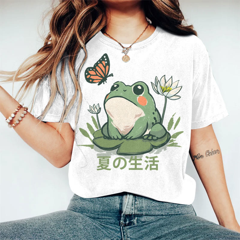 100% Cotton Women's Japanese Summer Life Of Frog Art Print Casual T-shirt - White - 2XL - image 2