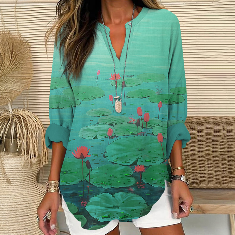 Watercolor Lotus Pond Art Print V Neck Long Sleeve Blouse - Green - 8XL - image 1
