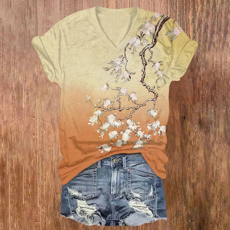 Japanese Watercolor Print Rabbits On The Tree V-neck T-shirt - Orange - US32-34(5XL) - image 4
