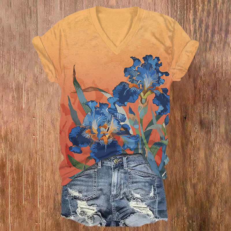 Japanese Vintage Van Gogh Iris Floral Print V-neck T-shirt - Orange - US32-34(5XL) - image 4