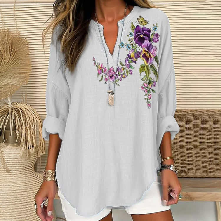 Alzheimer's Floral Oil Painting Pattern Print Short Sleeve Casual Blouse - Grey - US 30 (8XL) - image 3