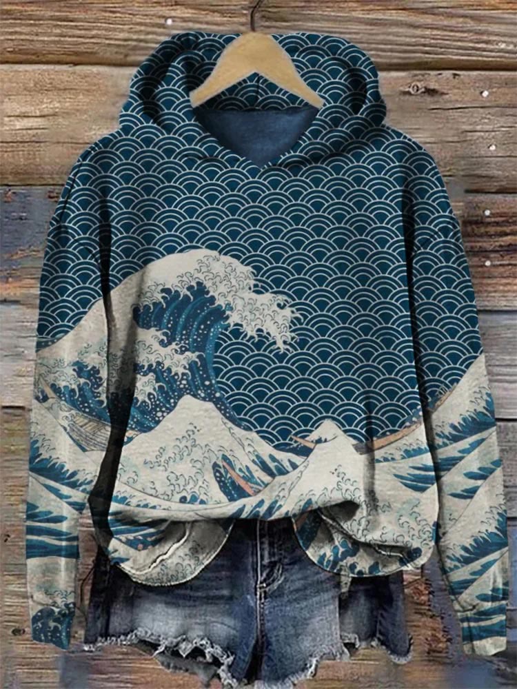 The Great Wave Off Kanagawa Inspired Japanese Art Print Hoodie - Blue - 8XL - image 1