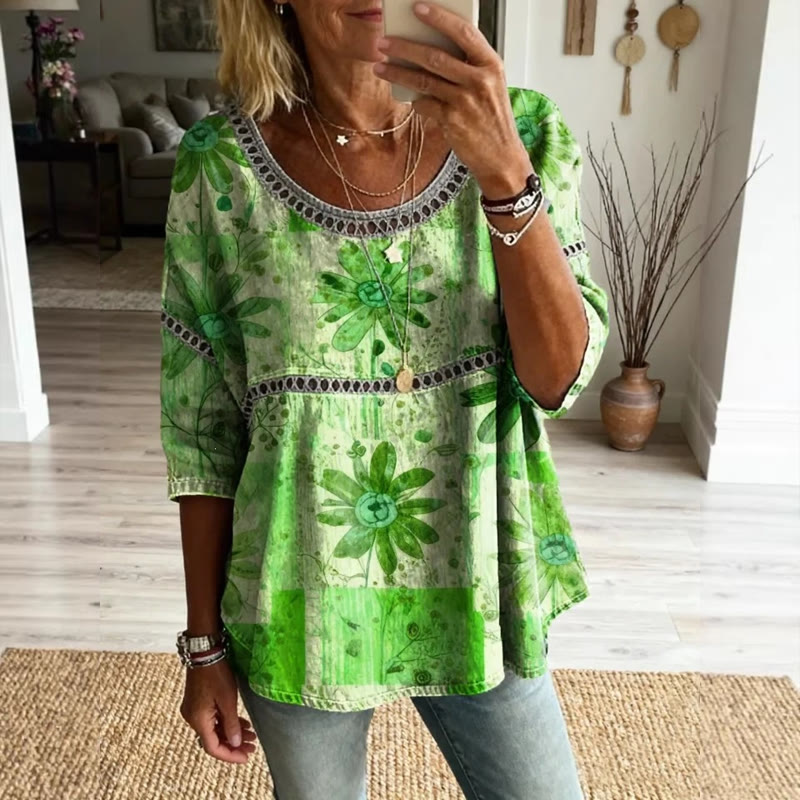 Boho Hippie Floral Print Openwork Lace Splicing Round Neck Half Sleeve Blouse - Green - 4XL - image 7