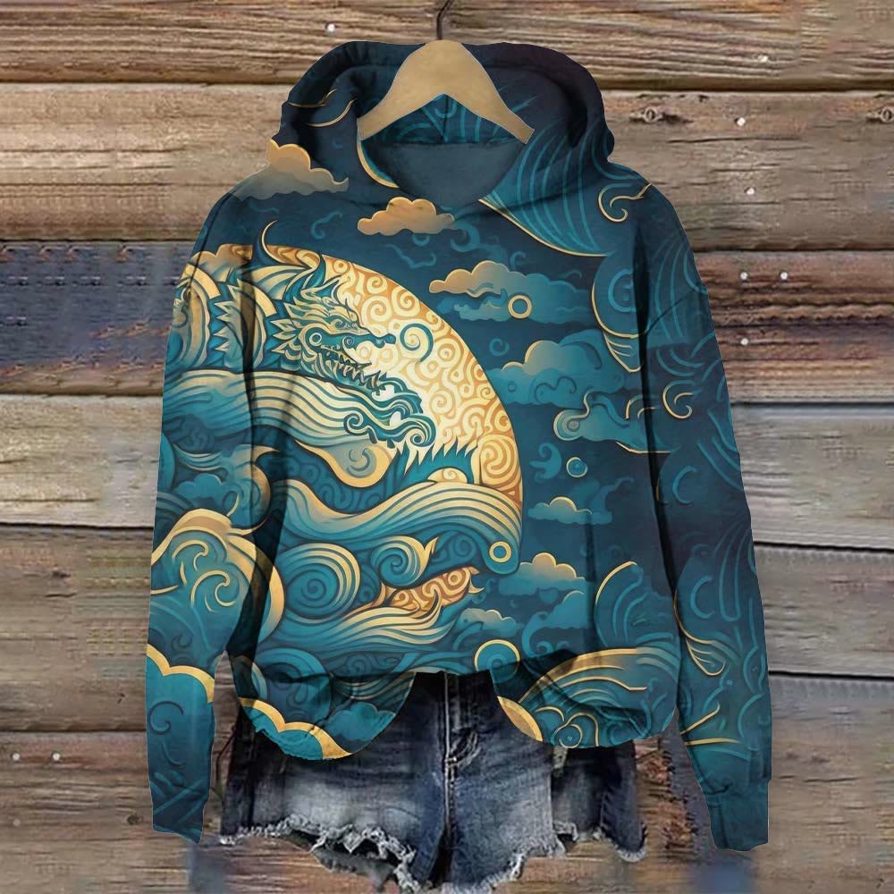 Vintage Dragon In The Waves Japanese Print Hoodie