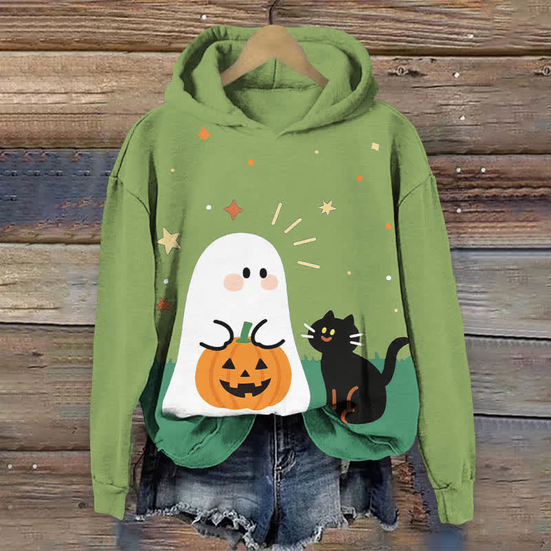 Halloween Cartoon Ghost & Black Cat Print Long Sleeve Hoodie - Green - US44-46(8XL) - image 5