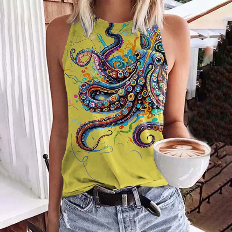 Vintage Rainbow Octopus Art Print Crew Neck Tank Top - Yellow - 5XL - image 4
