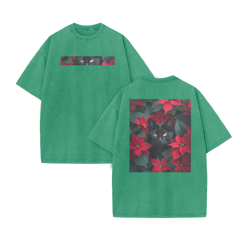 A Black Cat In A Field Of Christmas Flowers Print Acid Washed T-shirt - Green - US20-22(3XL) - image 7