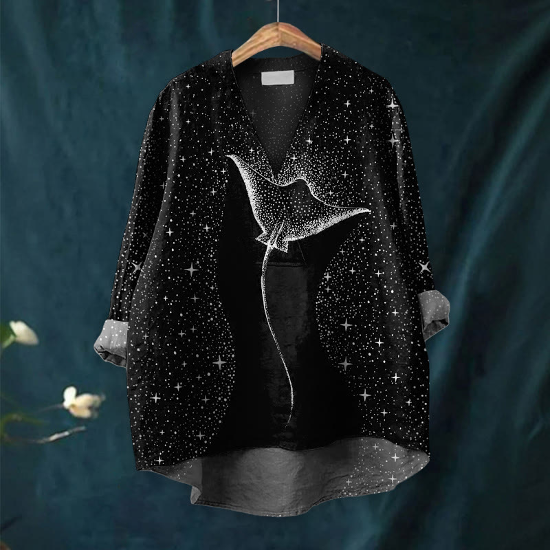 Starry Spotted Eagle Rays Print Casual V-neck Blouse - image 6