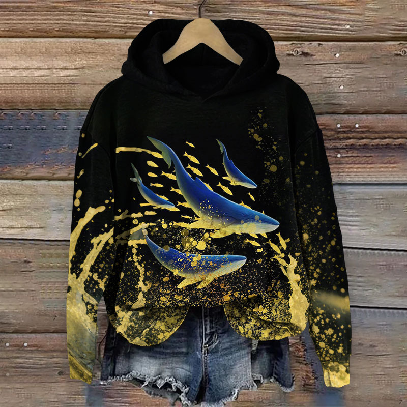 Black Art Oil Painting Shark Painting Long Sleeve Hoodie - Black - 8XL - image 1