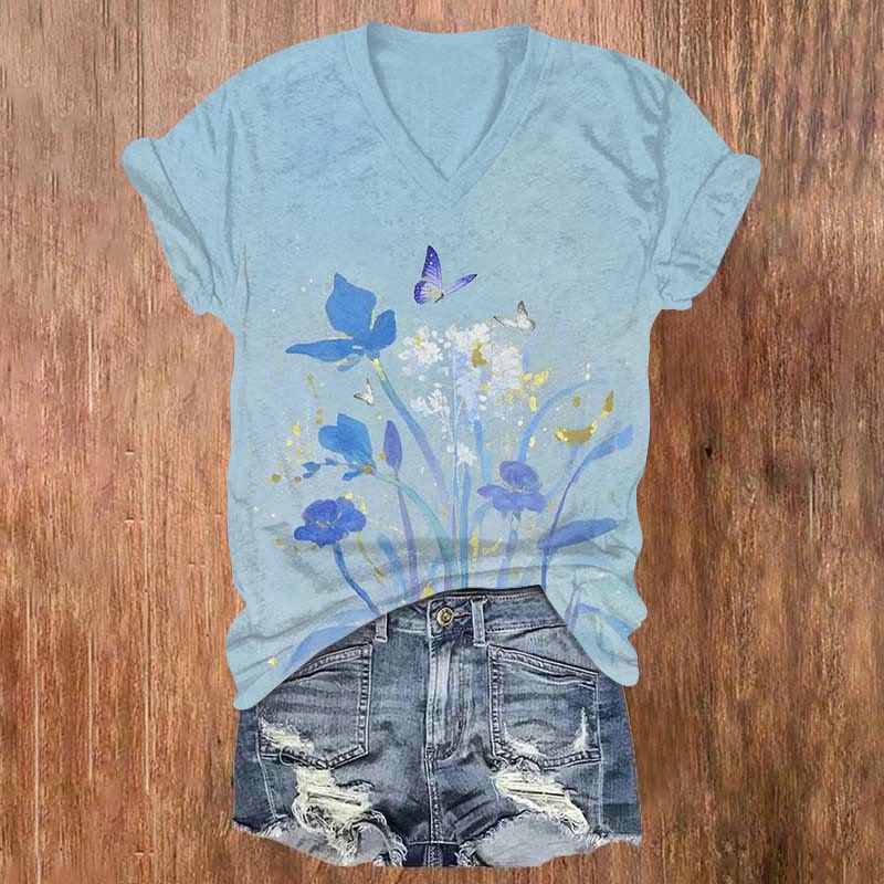 Japanese Vintage Butterfly Collecting Nectar Print V-neck T-shirt - Blue - US32-34(5XL) - image 4