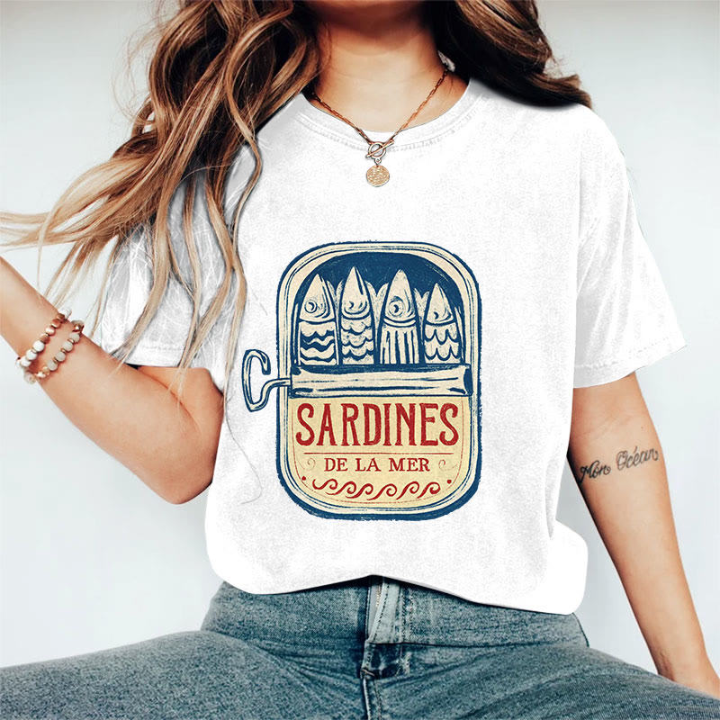 100% Cotton Women's Japanese Canned Sardines Art Print Casual T-shirt - White - 2XL - image 3