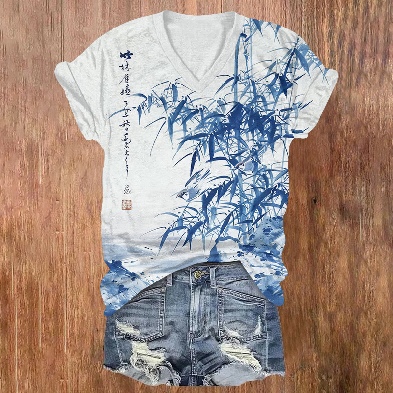 Vintage Bamboo Pond Ink Painting Pattern Print Short Sleeved V-neck T-shirt - Blue - US32-34(5XL) - image 3