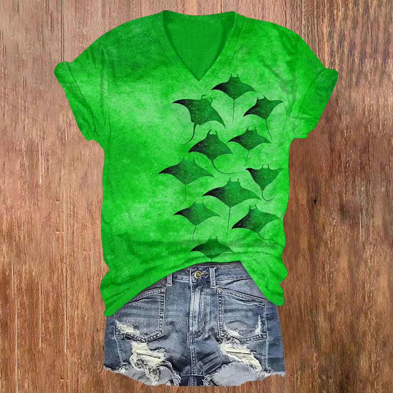 Vintage Manta Ray Art Print V-neck T-shirt - Green - 5XL - image 5